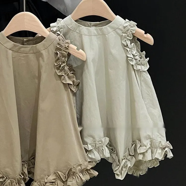 裙子韩系童装女童草绿色套装洋气儿童气质感木耳边公主裙蕾丝显瘦