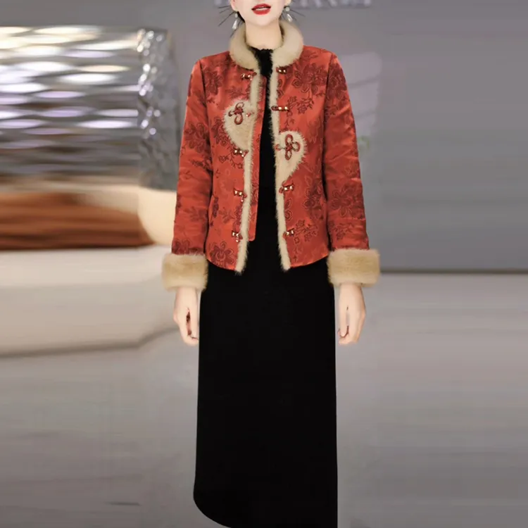 云锦缎夹棉加厚套装裙2025冬季新款气质保暖中式国风两件套连衣裙