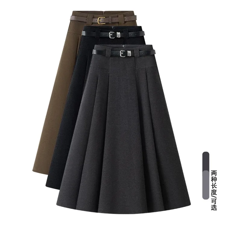拉夏贝尔时尚毛呢半身裙女秋冬2025新款高腰垂感显瘦韩版百褶伞裙