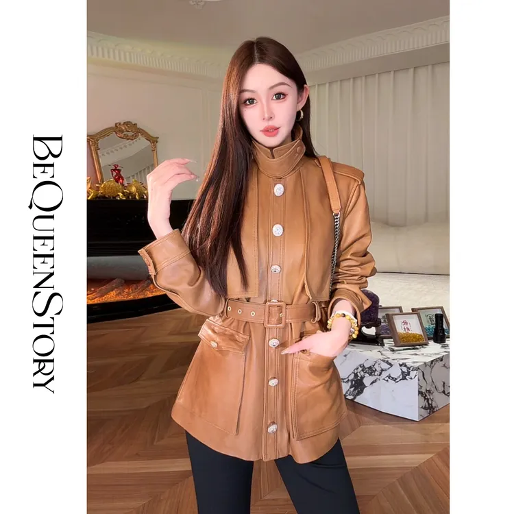 余潇潇【底特律飞行】黑标系列华丽不对称叠搭锆石纽扣翻领羊皮皮衣