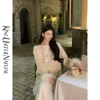 KUN【璀璨之夜】明艳动人 珠片绣暗纹针织微宽松米色吸睛秋冬套装