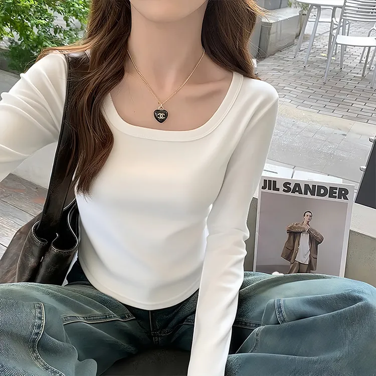 韩版设计感方领纯欲露锁骨修身长袖女秋季薄款正肩显瘦通勤款T恤