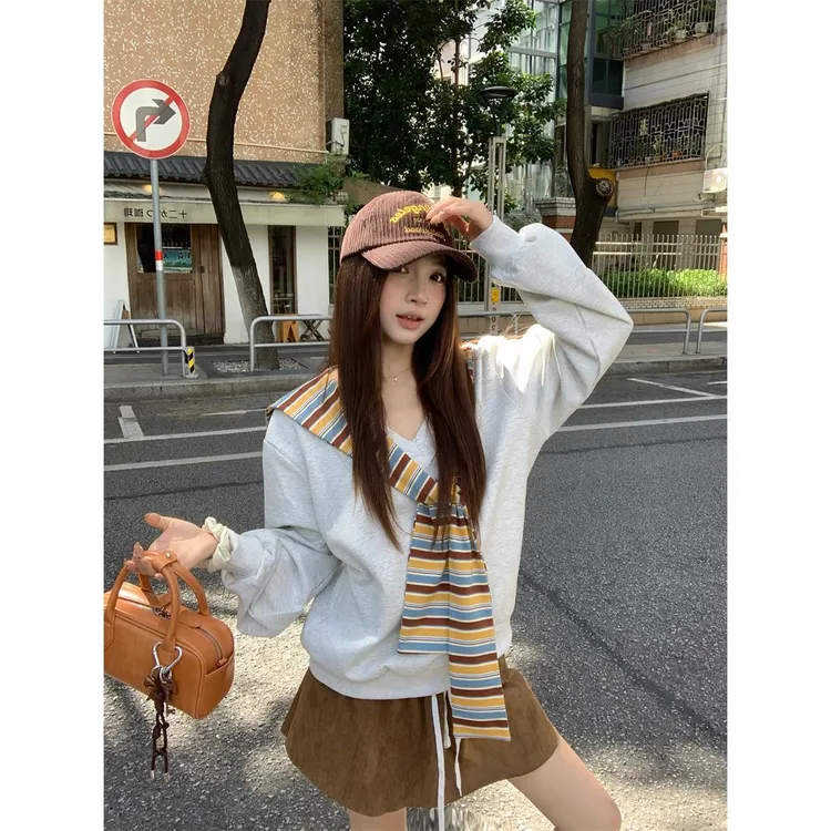 新款时尚慵懒风复古灰色领长袖卫衣女秋季休闲宽松显瘦百搭上衣