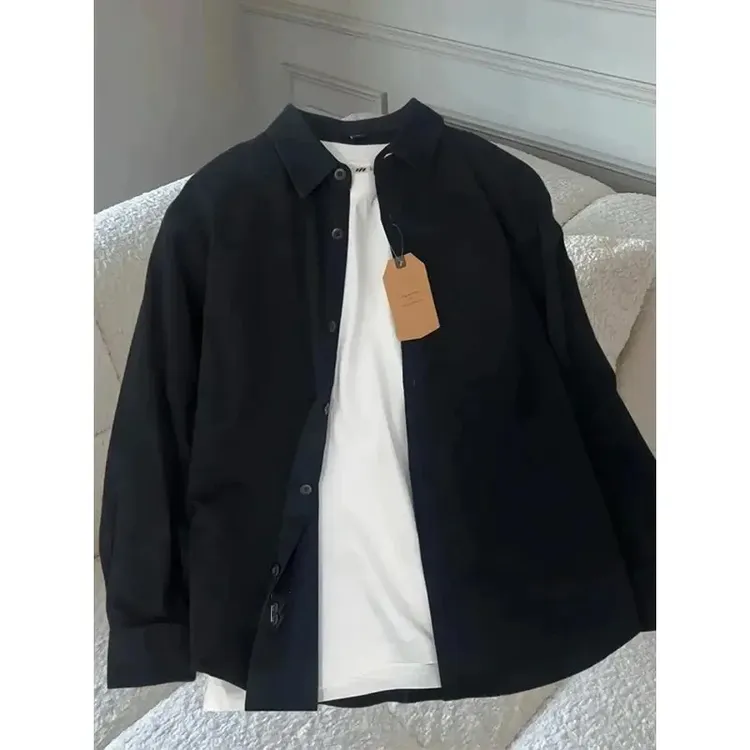 日系纯棉黑色衬衫男长袖春夏高级感痞帅外穿工装衬衣vintage外套