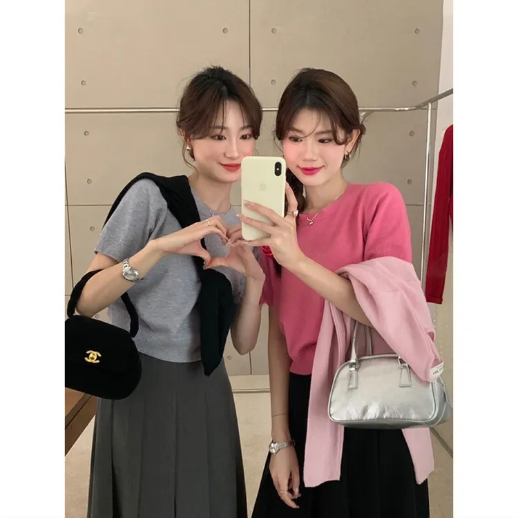 圆领正肩t恤女短袖春夏季百搭修身短款小个子冰丝打底针织衫上衣