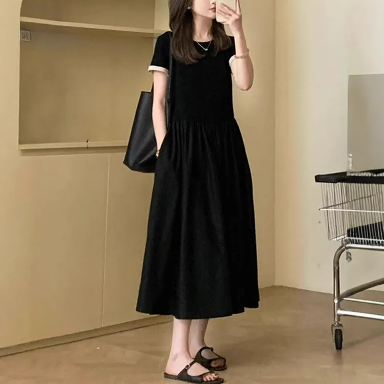 高级感气质黑色长款短袖连衣裙2025新款女夏季爆款收腰显瘦长裙子