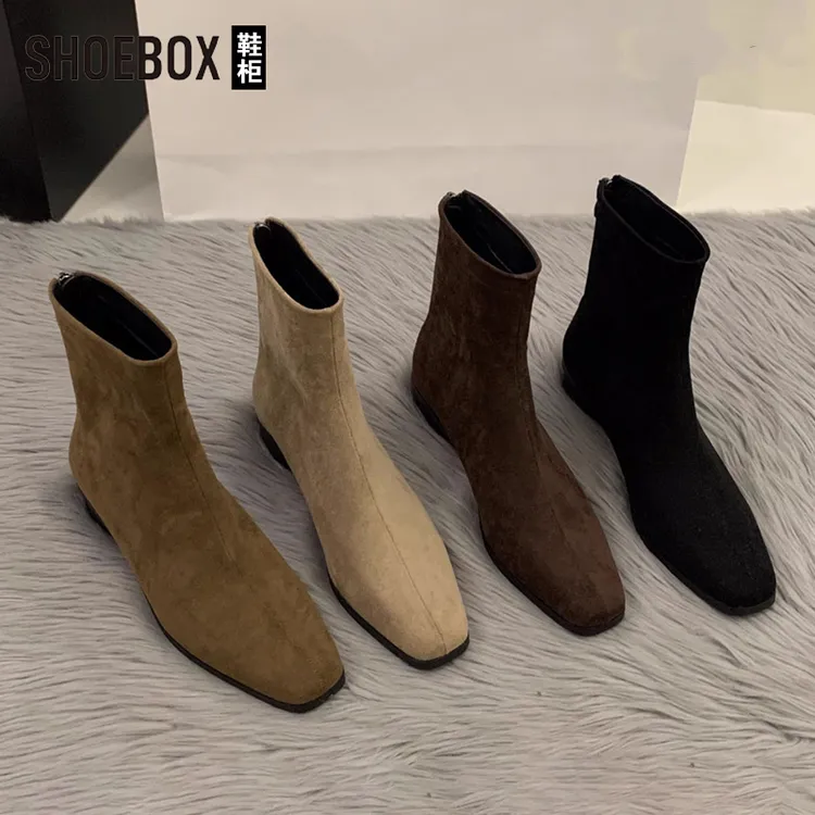 SHOEBOX鞋柜粗跟绒面小踝靴子女2025新款爆款秋冬加绒瘦瘦短靴