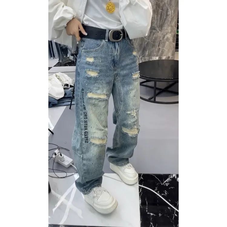 Aimeerosa/艾洛莎2025春季新款牛仔裤高级显瘦重工小众破洞阔腿裤