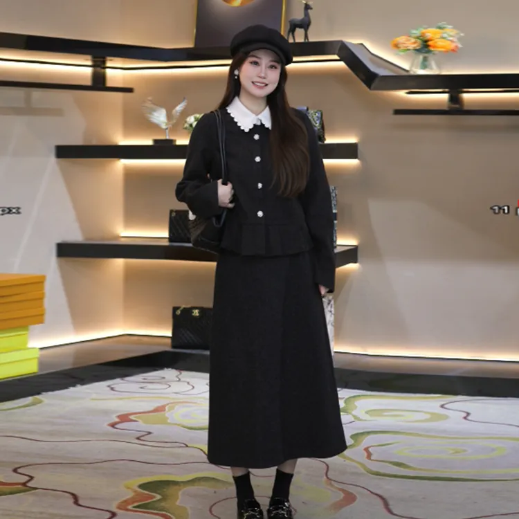 奢姿大码女装2025冬季时尚撞色娃娃领套装胖妹妹气质小香风穿搭