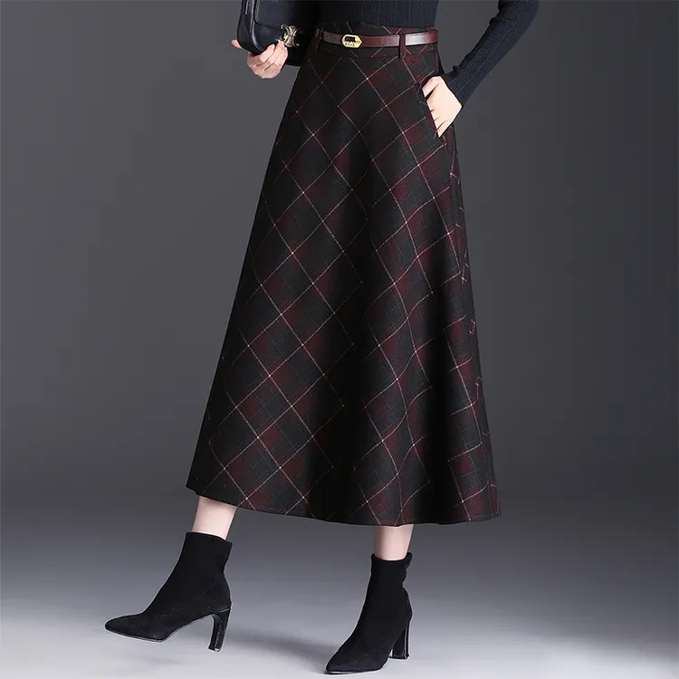 格子a字裙中长款半身裙女2025秋季新款高腰显瘦遮胯通勤洋气伞裙