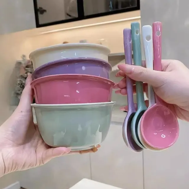 【4碗4碗4勺】奶油风陶瓷碗米饭碗家用碗饭碗防烫可爱餐具吃饭碗