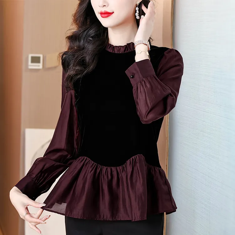 秋季百搭时尚显瘦金丝绒法式气质长袖打底衫显瘦中年通勤洋气小衫