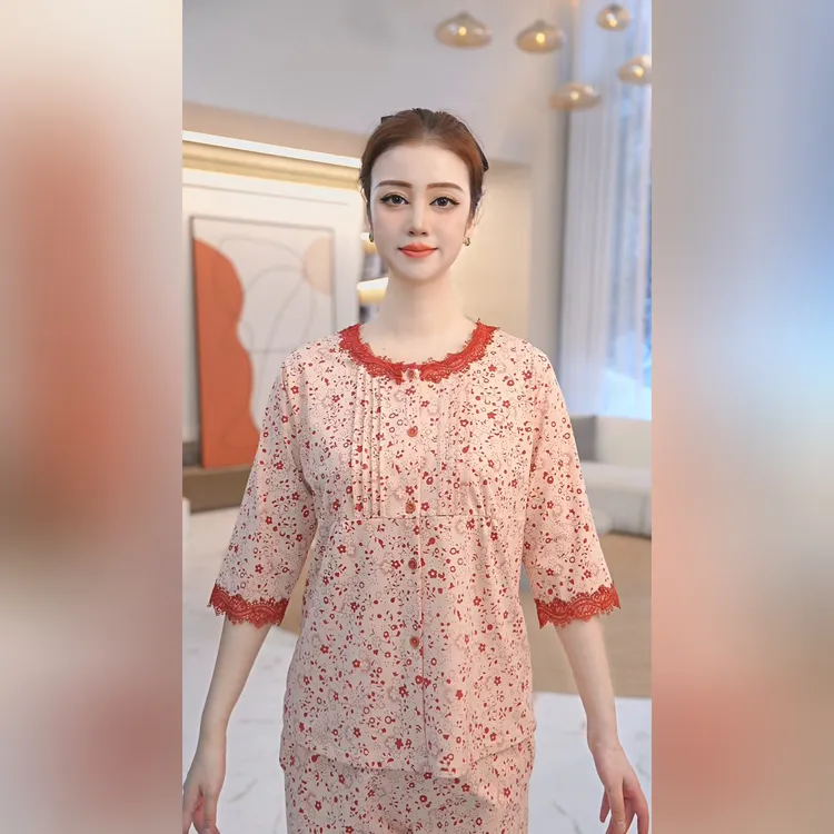 秋鹿针织纯棉睡衣春秋女圆领九分袖长裤女套秋季绵柔软家居服