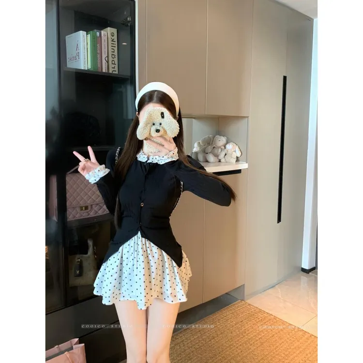 韩系穿搭撞色拼接长袖针织开衫女秋季套装一片式波点半身裙两件套