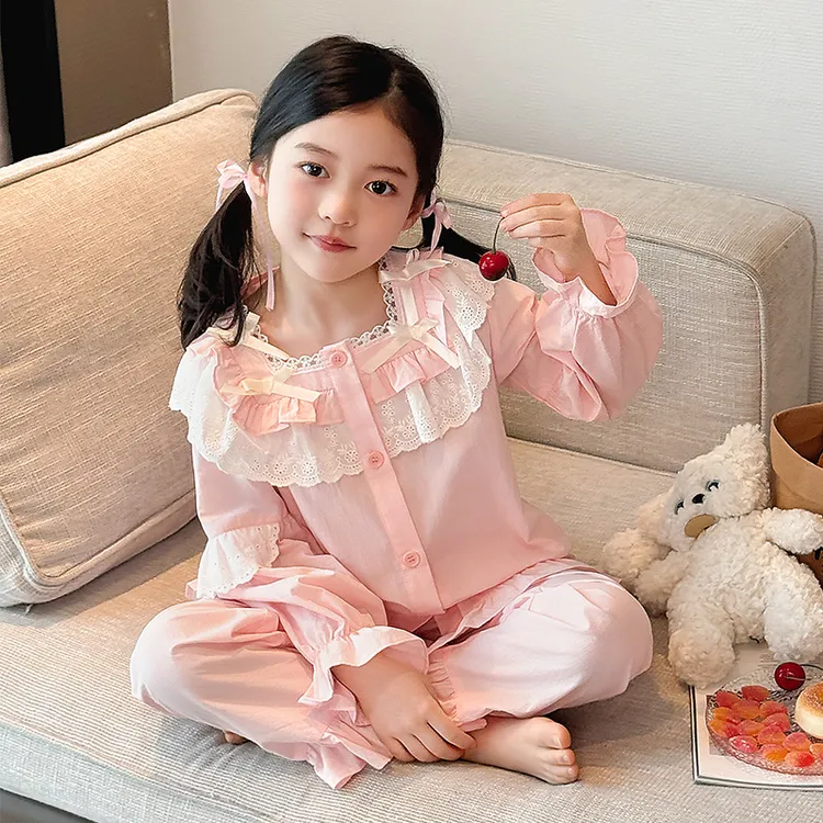 纯棉儿童睡衣女童长袖春家居服中大童公主蕾丝套装2280