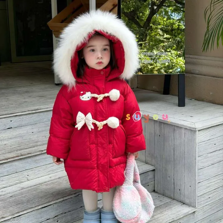 苏右现货少女公主风女宝红色新年服拜年服大毛领中长款加厚羽绒服