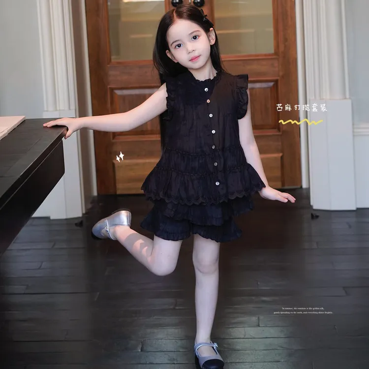 AnnieGirl重工苎麻法式荷叶边蛋糕裙裤套装透气女童夏季新款2026