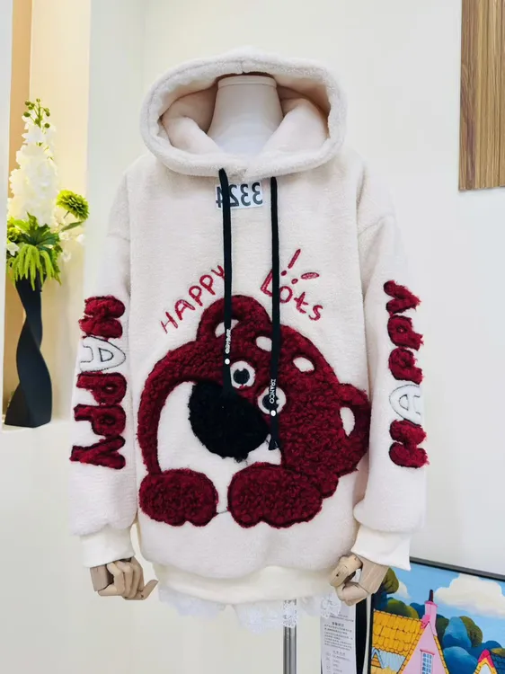 （3324）草莓熊加绒2025新款秋冬刺绣连帽卫衣女韩版宽松显瘦上衣