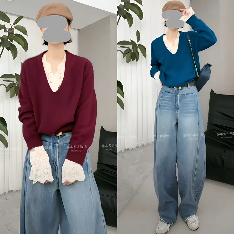 2024春季轻奢减龄宽松显瘦针织打底衫V领毛衣花边蕾丝内搭套装女