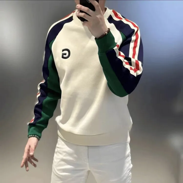 高档欧货圆领拼接卫衣男士秋冬时尚加绒加厚打底衫体恤男装87068