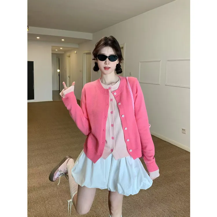 甜美风粉色拼接假两件针织衫女款春季外穿设计感宽松短款毛衣开衫