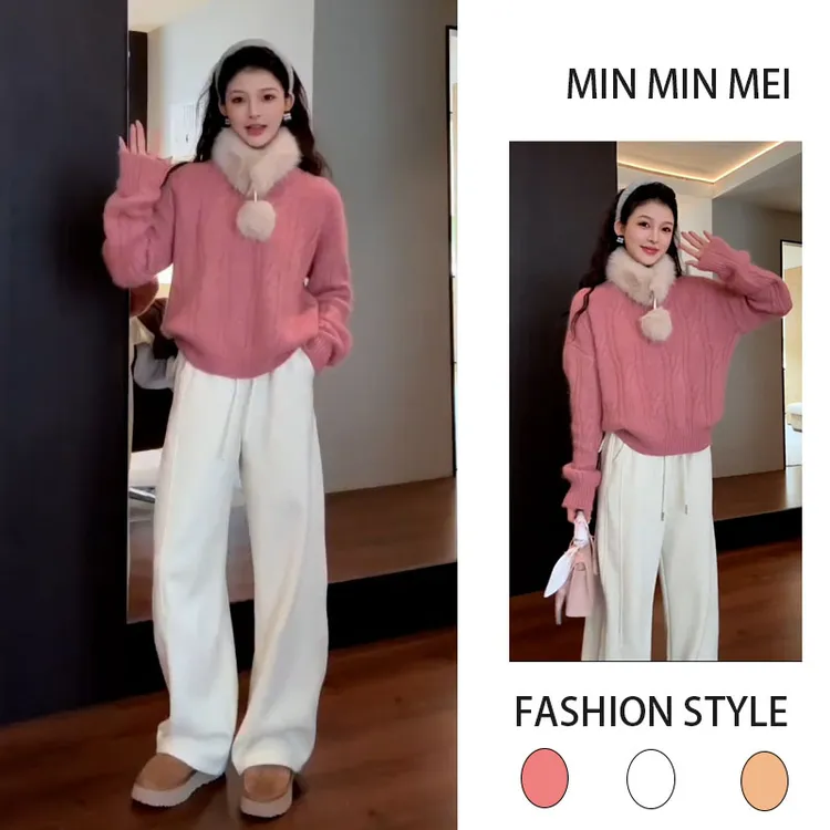 2025秋冬季新款设计感时尚纯欲风针织上衣女加绒休闲阔腿裤两件套
