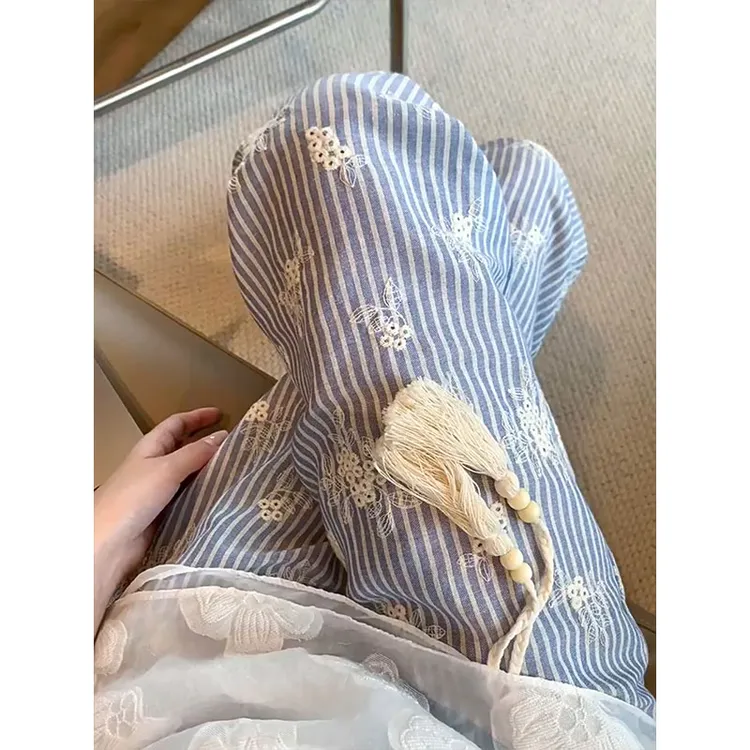 蓝色刺绣波浪边条纹阔腿裤女夏季设计感慵懒宽松显瘦垂感直筒裤子
