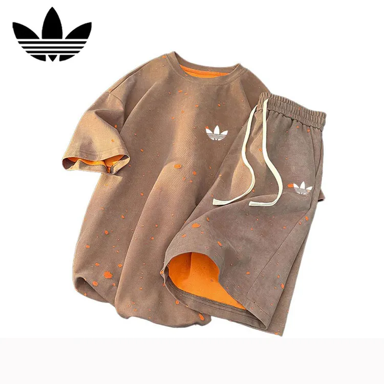 【官方奥特莱斯】品牌折扣  潮牌扎染破洞套装男夏季休闲情侣两件套