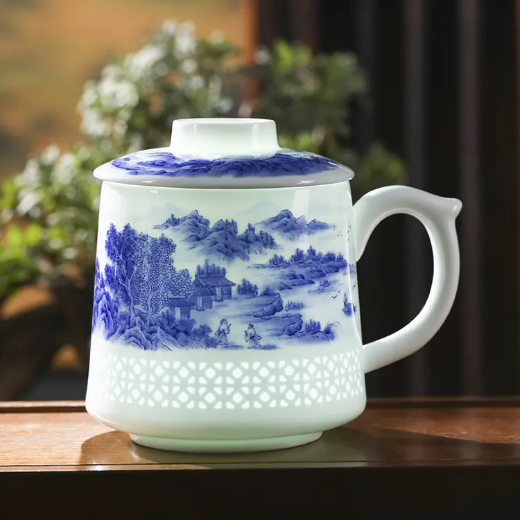 景德镇陶瓷茶杯带盖茶水分离杯高档大容量办公杯家用泡茶杯礼品杯