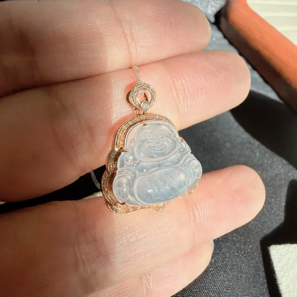 18k金镶钻天然a货缅甸翡翠冰佛总尺寸24*21*8mm