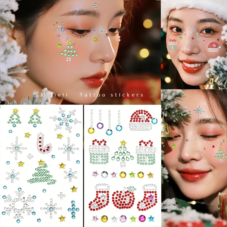 圣诞节脸贴儿童水钻贴雪花妆容甜妹圣诞礼物可爱装饰贴蝴蝶结贴纸