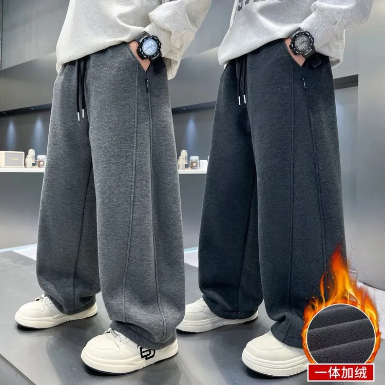 儿童运动卫裤加绒男童裤子中大童长裤直筒秋冬新款男孩宽松一体厚