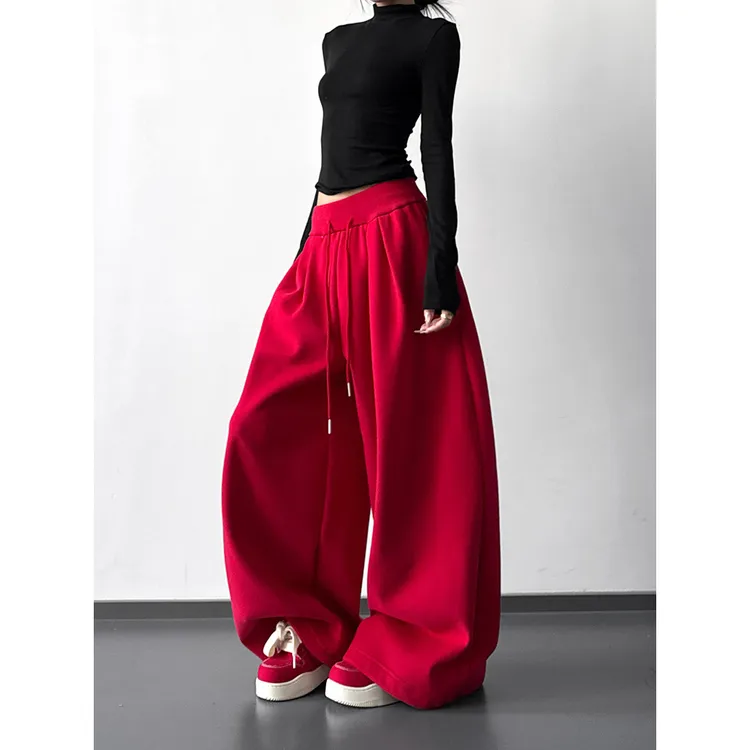 红色裤子女2025秋冬季休闲直筒运动卫裤加绒加厚束脚拖地阔腿裤子