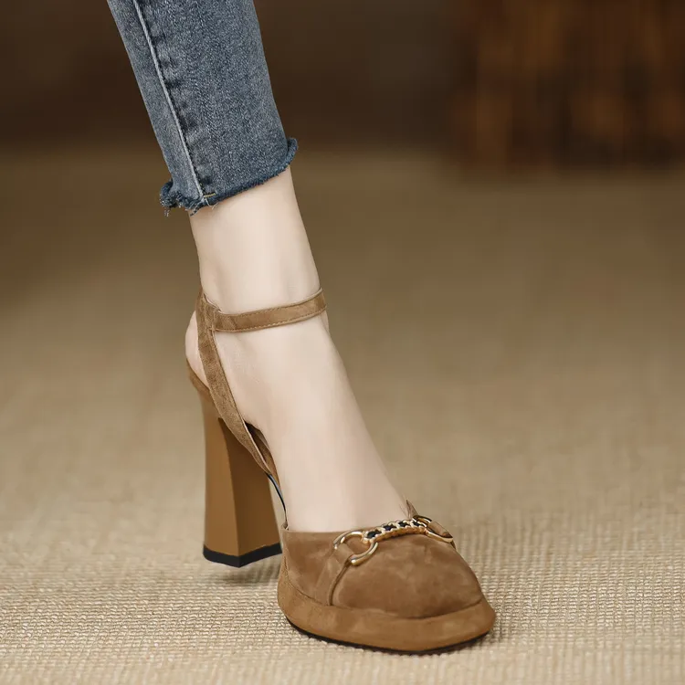 UHCK女鞋防水台百搭凉鞋高跟粗跟夏季增高磨砂包头棕色