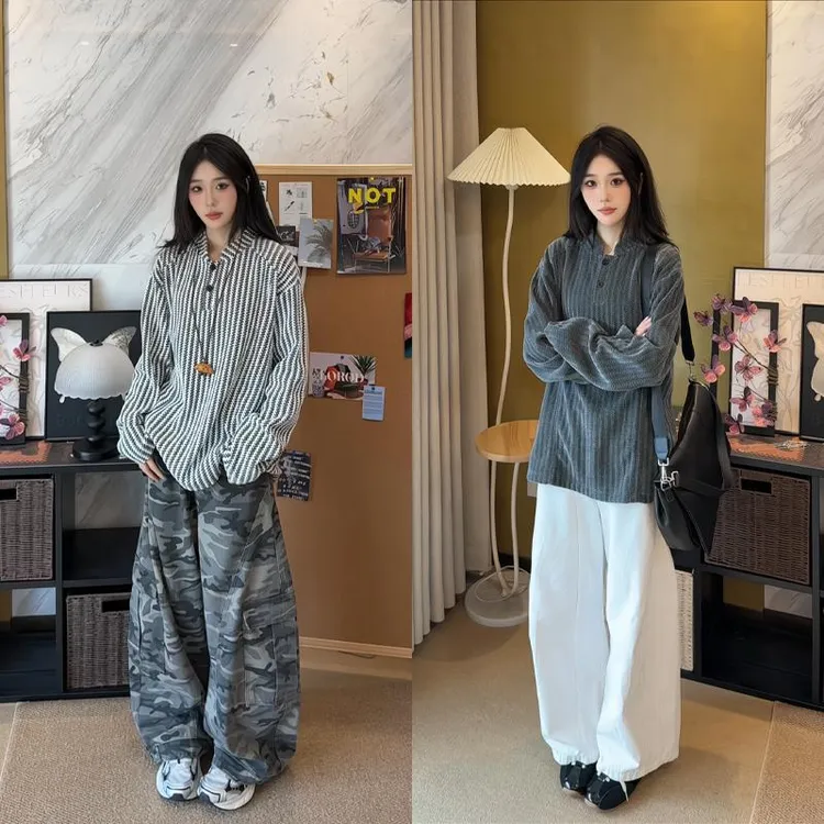 鱼骨纹亨利领卫衣男女款秋季潮牌长袖打底衫美式重磅松弛感外套