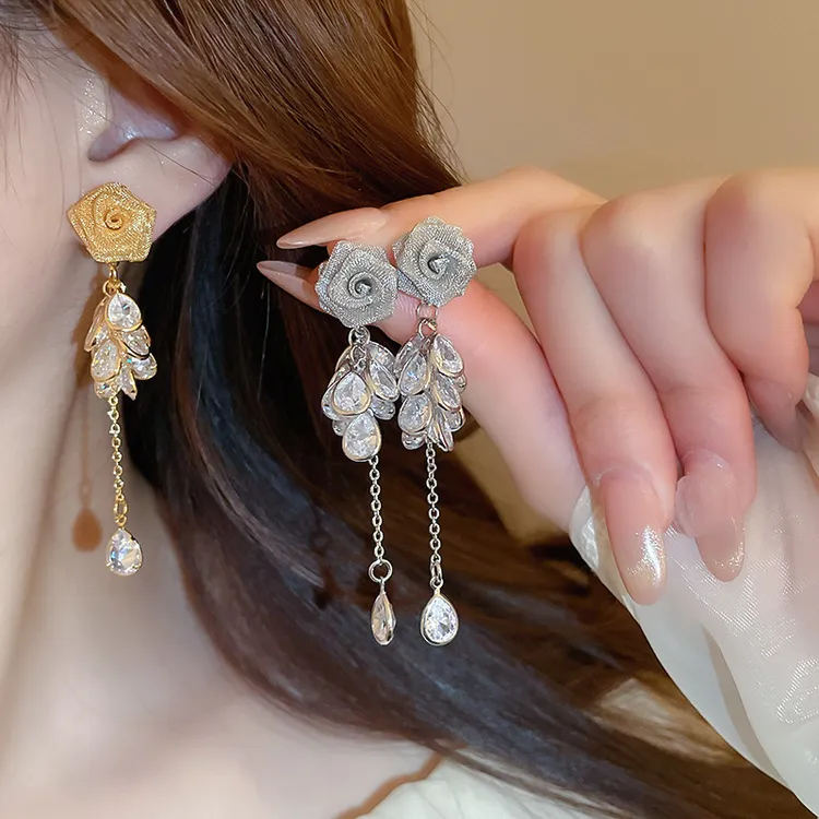 铜合金合成锆石耳饰 网纱玫瑰花流苏耳钉优雅耳环轻奢高级感耳饰