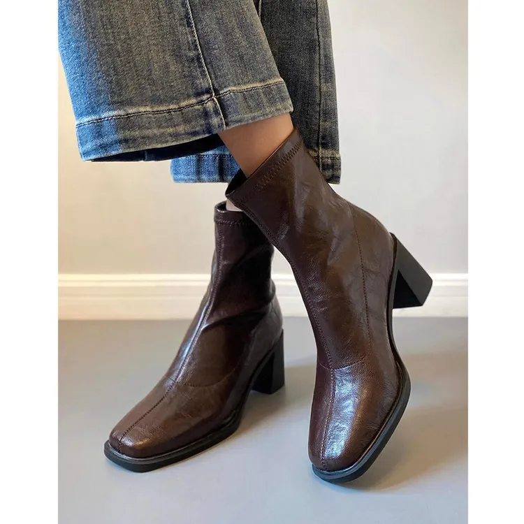 新款高跟靴子女秋冬加绒方头切尔西短靴粗跟后拉链法式弹力瘦瘦靴