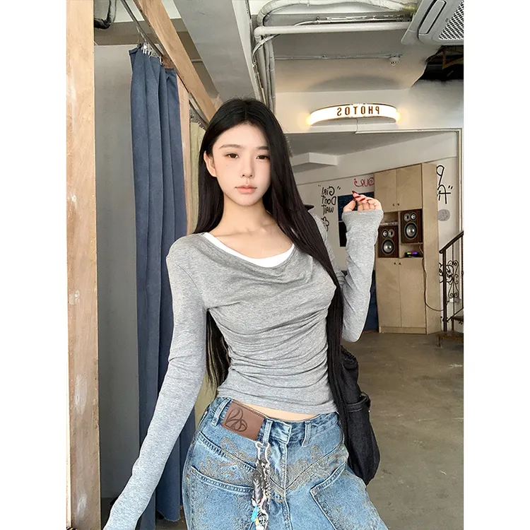 Moses Queen/魔西女王撞色拼接假两件长袖T恤修身显瘦一字肩上衣