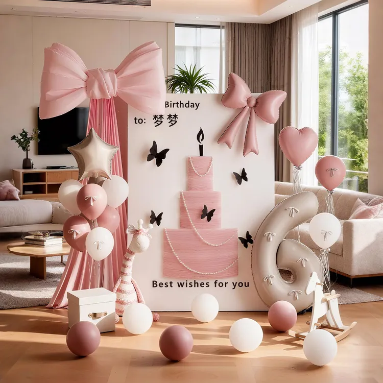 宝宝宴周岁生日场景布置装饰6岁女孩儿童粉色网纱蛋糕KT板迎宾牌