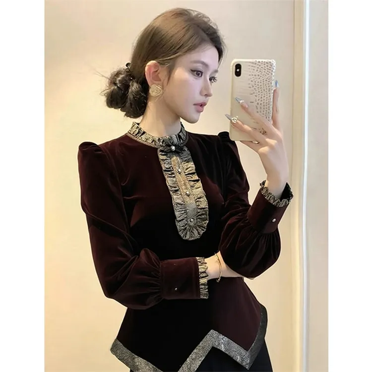 法式小香风圆领撞色丝绒衬衫女秋冬季新款不规则收腰显瘦内搭上衣