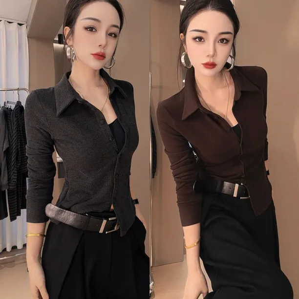 黑色收腰气质双面绒保暖长袖衬衫女士秋冬修身显瘦衬衫上衣519