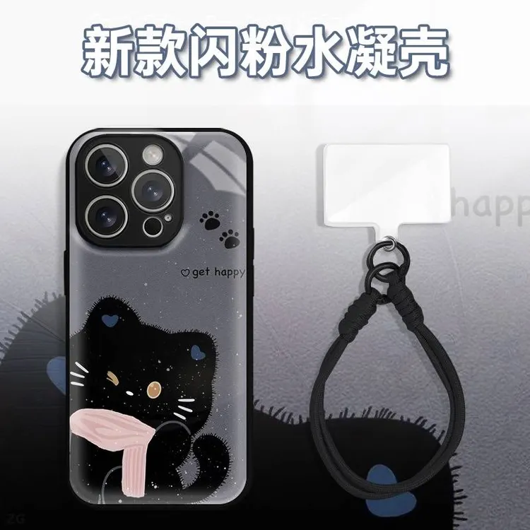 灰底围巾小黑猫水凝玻璃壳适用iPhone苹果17手机壳华为oppo小米vi