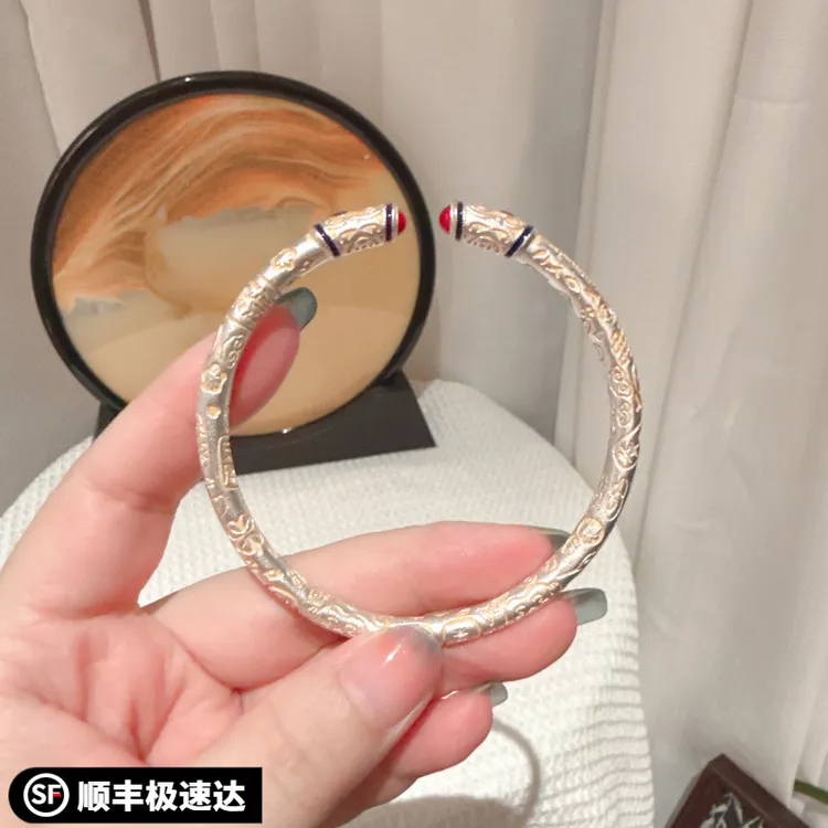 足银手镯 9999足银手镯女古法实心开口国风描金唐草纹喜乐珐琅