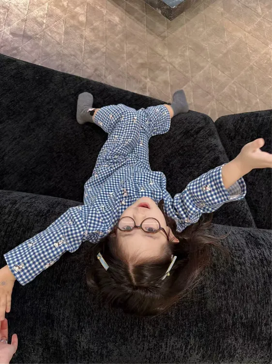 小思家女童2025早秋休闲风可爱卡通蓝格子史努比家居服套装