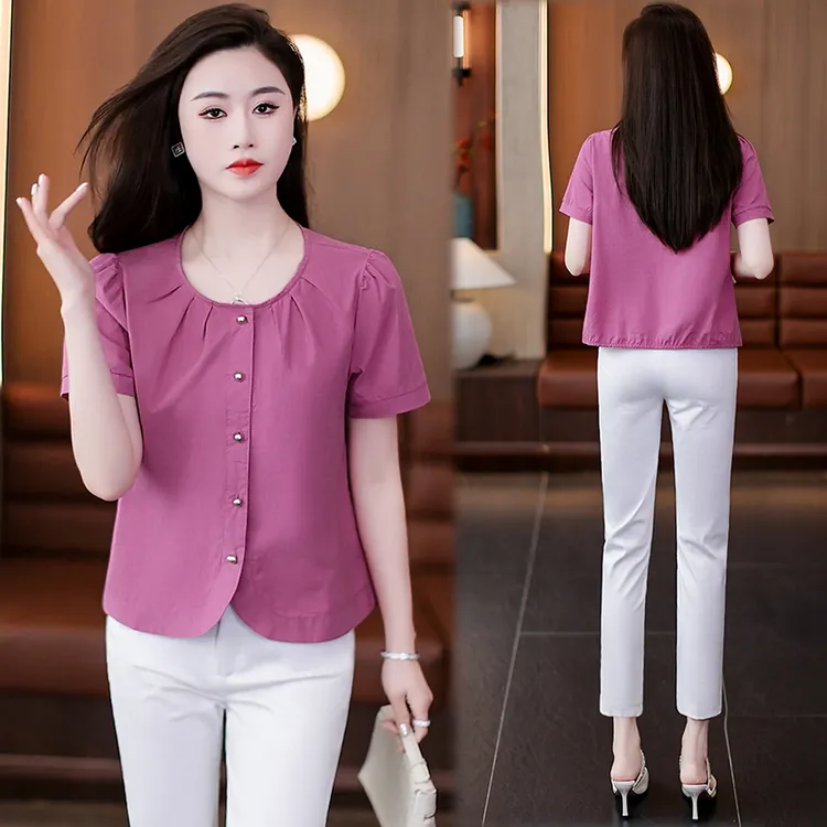 薄款夏季短袖防晒衬衫洋气小衫衬衫休闲宽松衬衣圆领气质时尚百搭