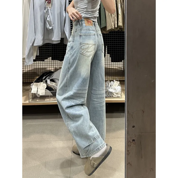美式复古设计感刺绣牛仔裤女秋季新款高个子低腰宽松显瘦阔腿裤子