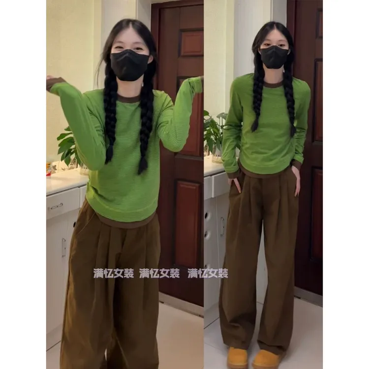 韩系绿色小清新假两件长袖T恤女秋季小个子修身显瘦咖色裤子套装