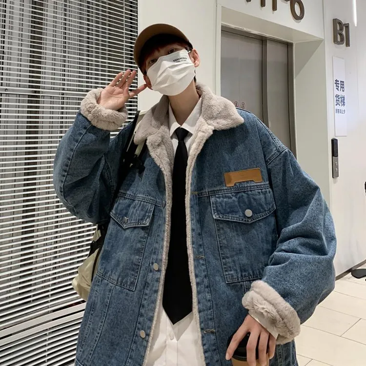  男装加绒加厚牛仔外套男女冬季美式复古工装羊羔服潮牌情侣