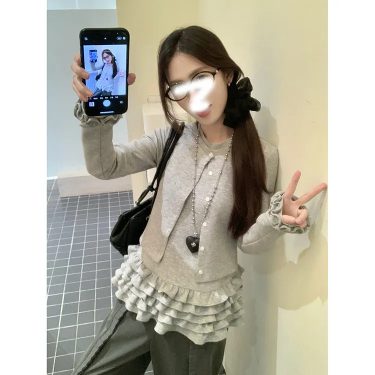 灰色设计感小众假两件开衫t恤女春秋新款下摆荷叶边拼接上衣女