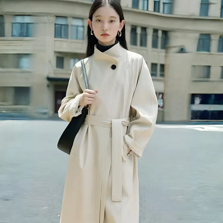 中长款立领风衣外套女2025秋小个子韩版气质一粒扣收腰大衣高级感